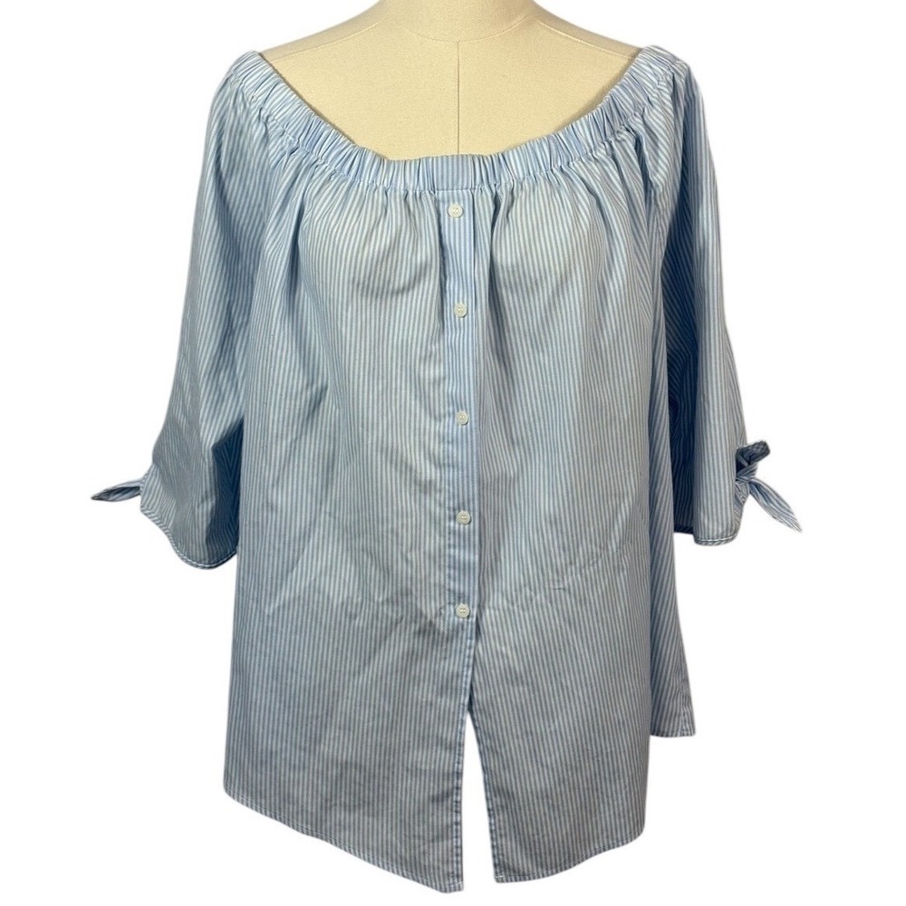 Iris Off the Shoulder Button Up Blouse w/ Light Blue & White Stripes (Size 3X)